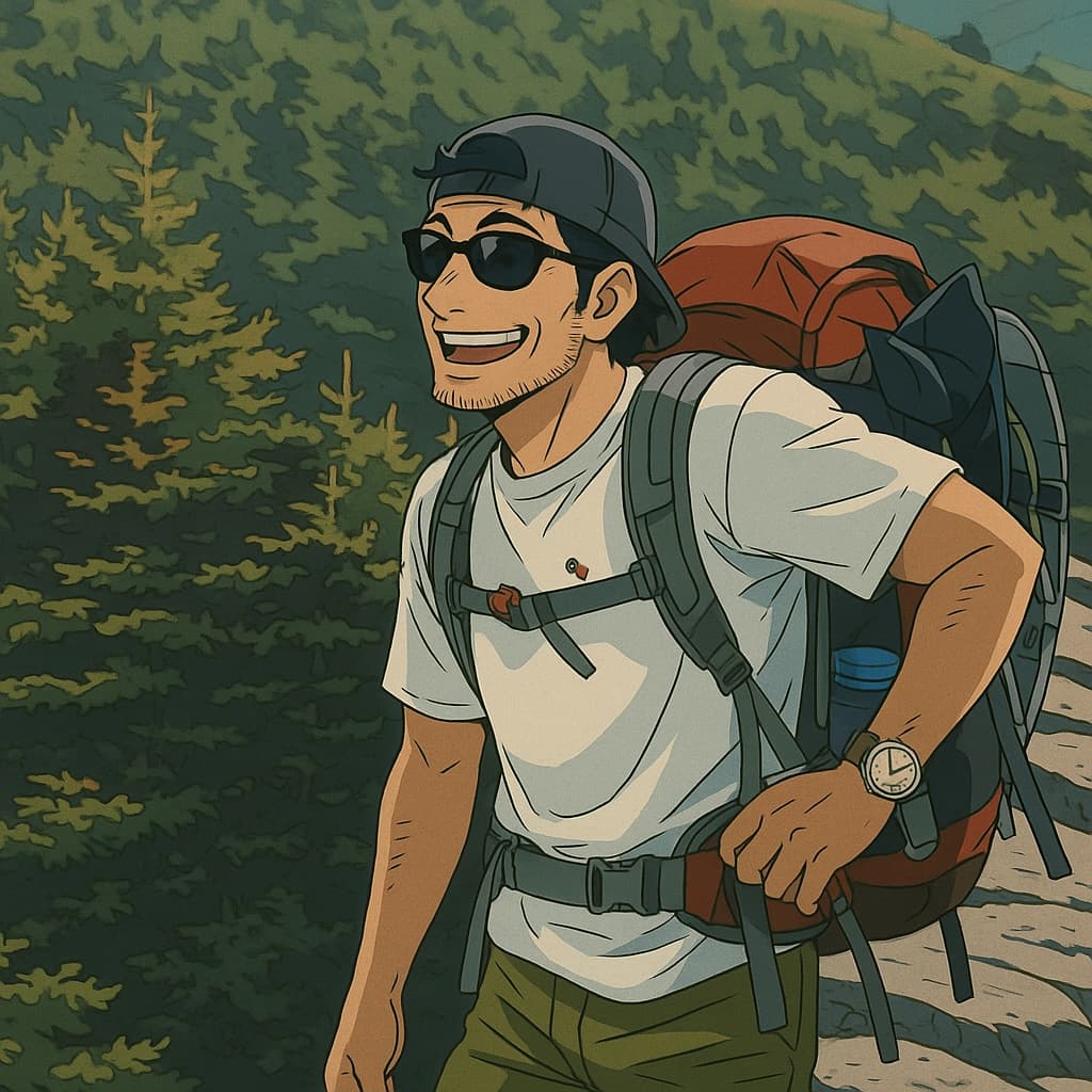 guy-hike photo transformed into Cowboy Bebop AI artwork - cowboy bebop style generator