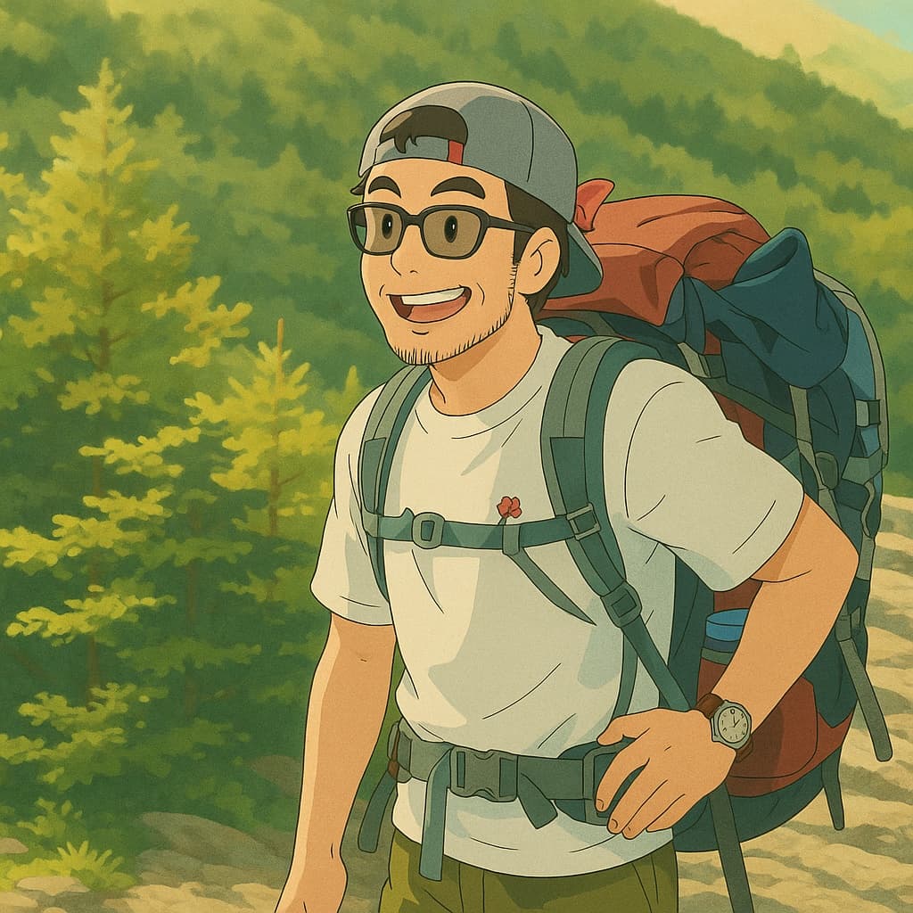 guy-hike photo transformed into Ghibli AI artwork - ghibli style generator