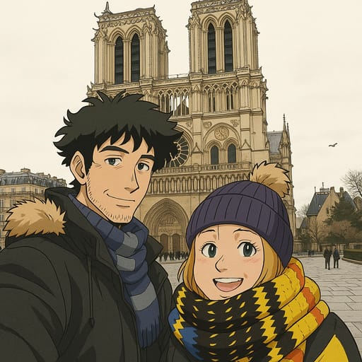 couple-notradome photo transformed into Cowboy Bebop AI artwork - cowboy bebop style generator