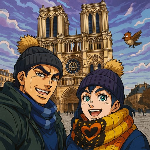 couple-notradome photo transformed into JoJo's Bizarre Adventure AI artwork - jojo's bizarre adventure style generator